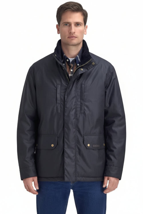 Men's waxed jacket with high collar, center zip, and flap pockets on chest and waist