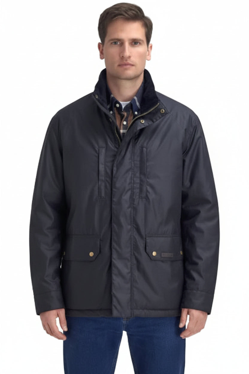 Men's waxed jacket with high collar, center zip, and flap pockets on chest and waist