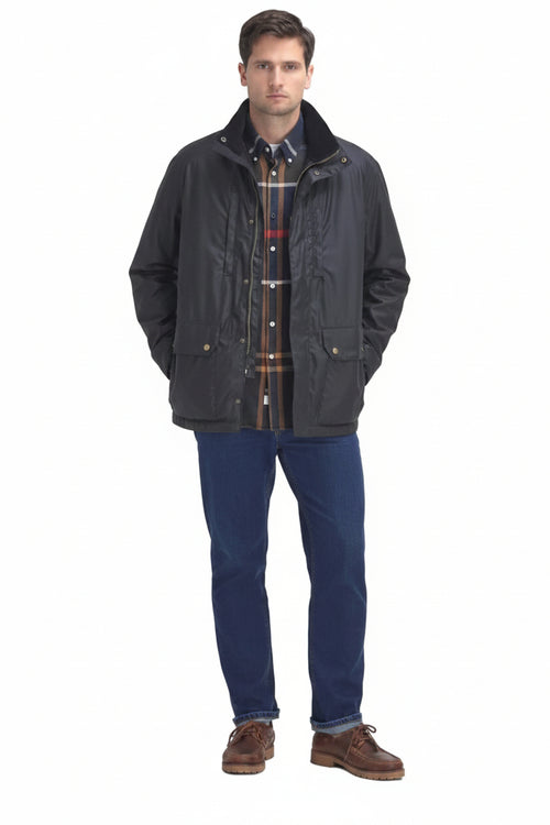 Men's waxed jacket with snap front, high collar, flap chest pockets, and hand pockets