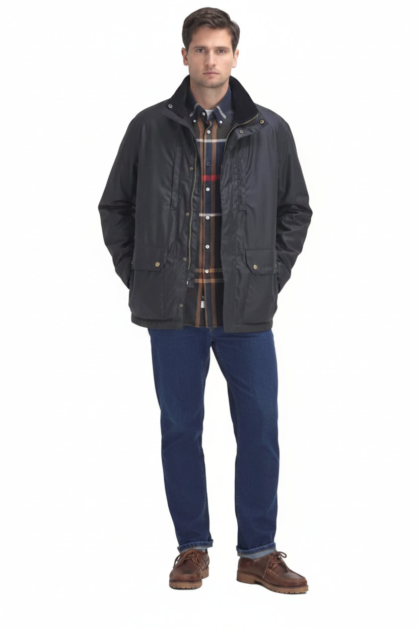 Men's waxed jacket with snap front, high collar, flap chest pockets, and hand pockets