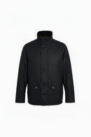 Men's waxed jacket with stand collar, center zip, and two flap chest pockets