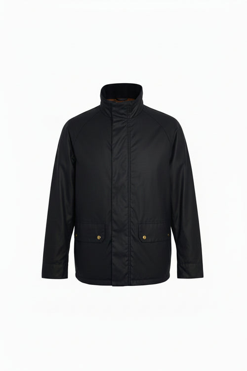 Men's waxed jacket with stand collar, center zip, and two flap chest pockets