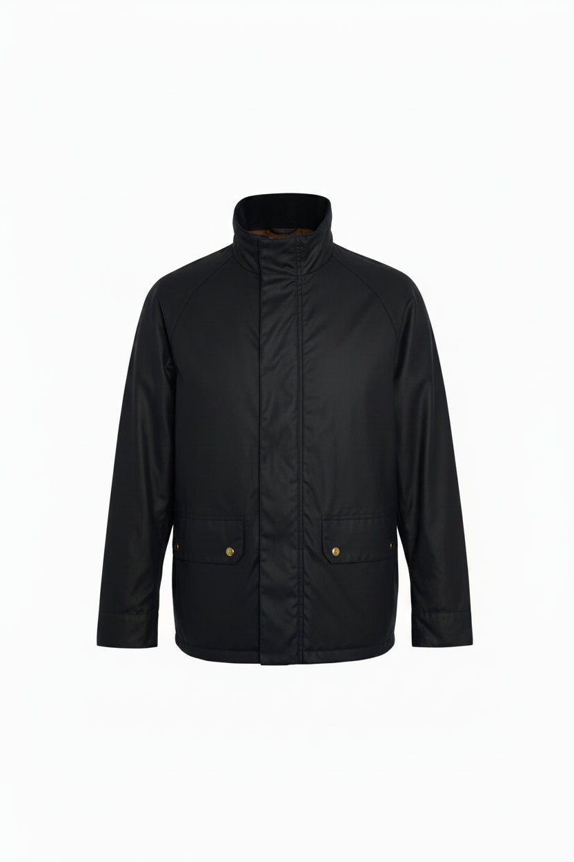 Men's waxed jacket with stand collar, center zip, and two flap chest pockets