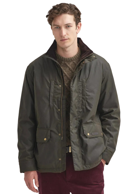 Barbour men's olive waxed jacket with stand collar, zip front and flap pockets