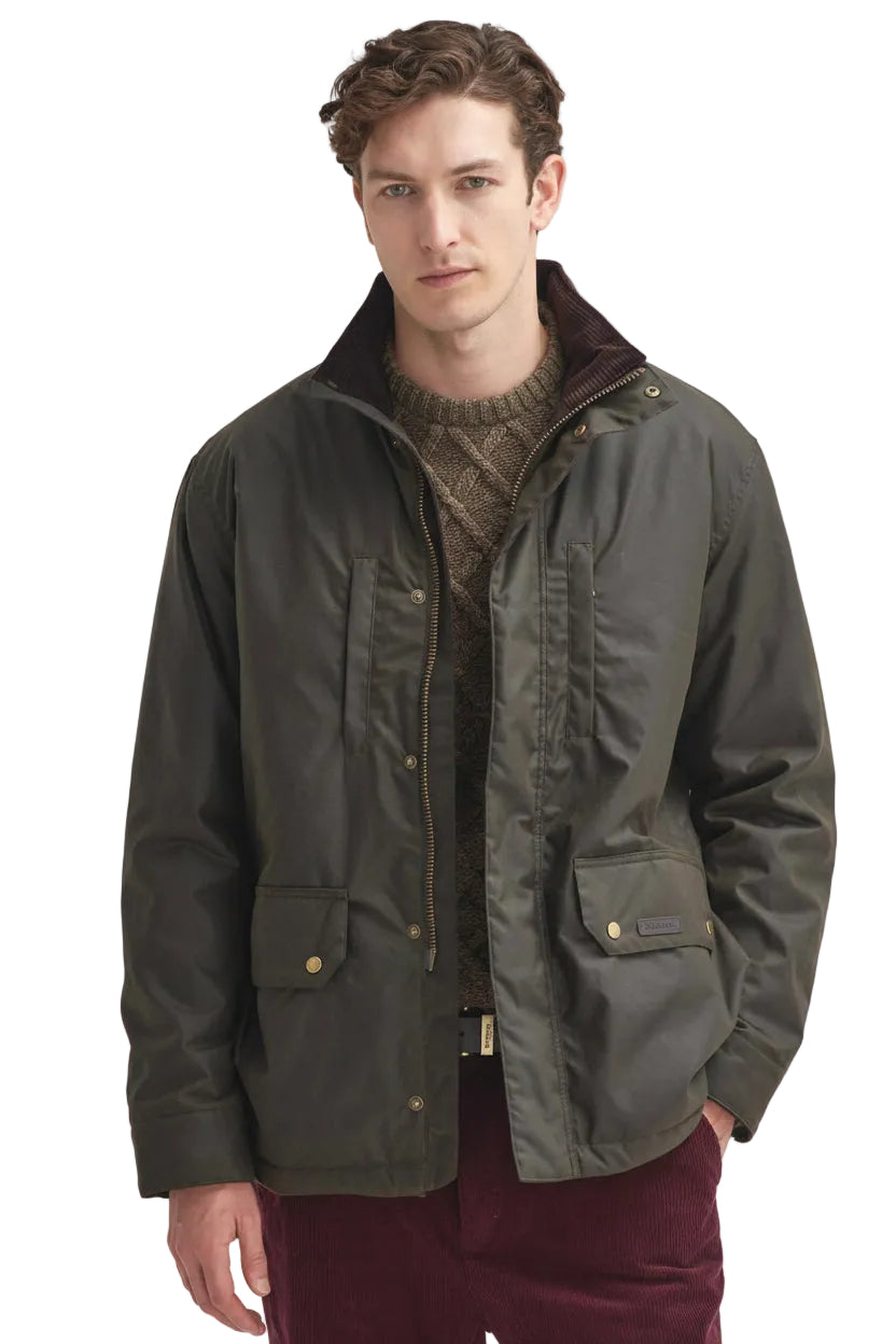 Barbour men's olive waxed jacket with stand collar, zip front and flap pockets
