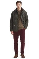 Barbour men's olive waxed jacket with zip front and flap pockets