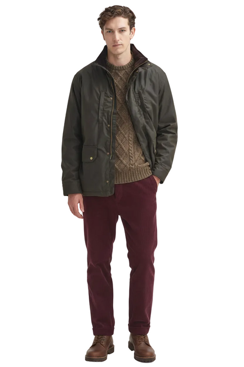 Barbour men's olive waxed jacket with zip front and flap pockets