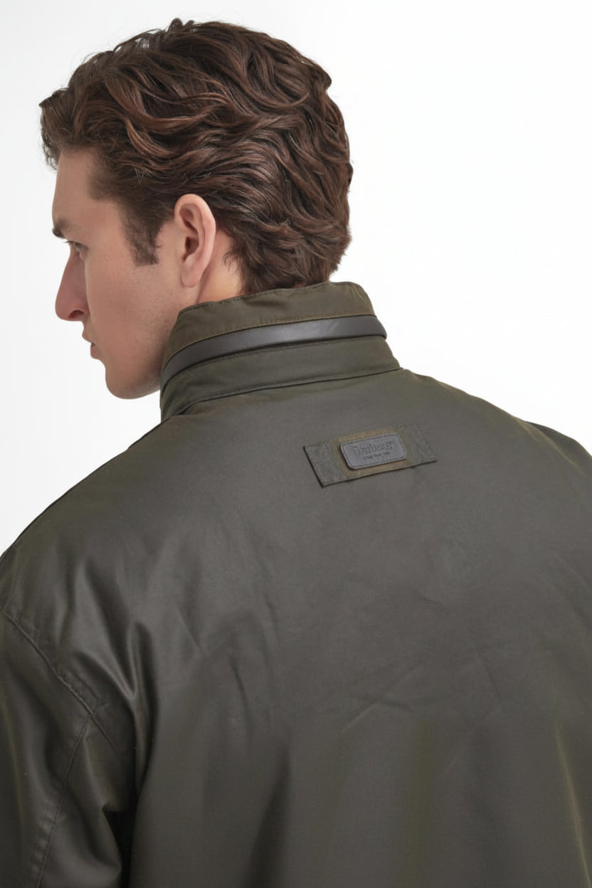 Barbour men's olive waxed jacket, back view with branded collar label