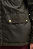 Barbour olive waxed jacket chest pocket with logo patch and metal snap buttons