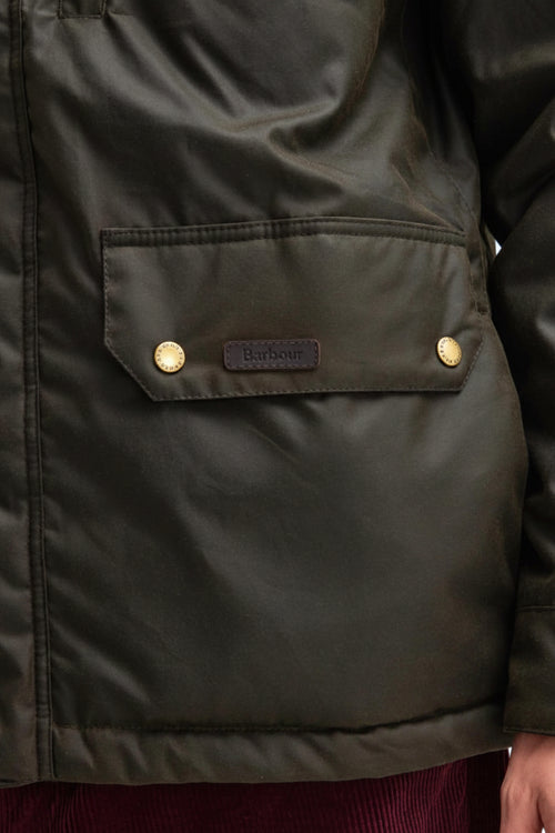 Barbour olive waxed jacket chest pocket with logo patch and metal snap buttons