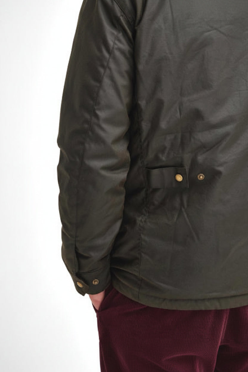 Barbour olive waxed jacket sleeve with snap cuff and side flap button