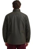 Barbour men's olive waxed jacket, back view with stand collar and snap pockets