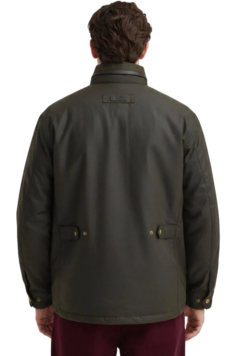 Barbour men's olive waxed jacket, back view with stand collar and snap pockets