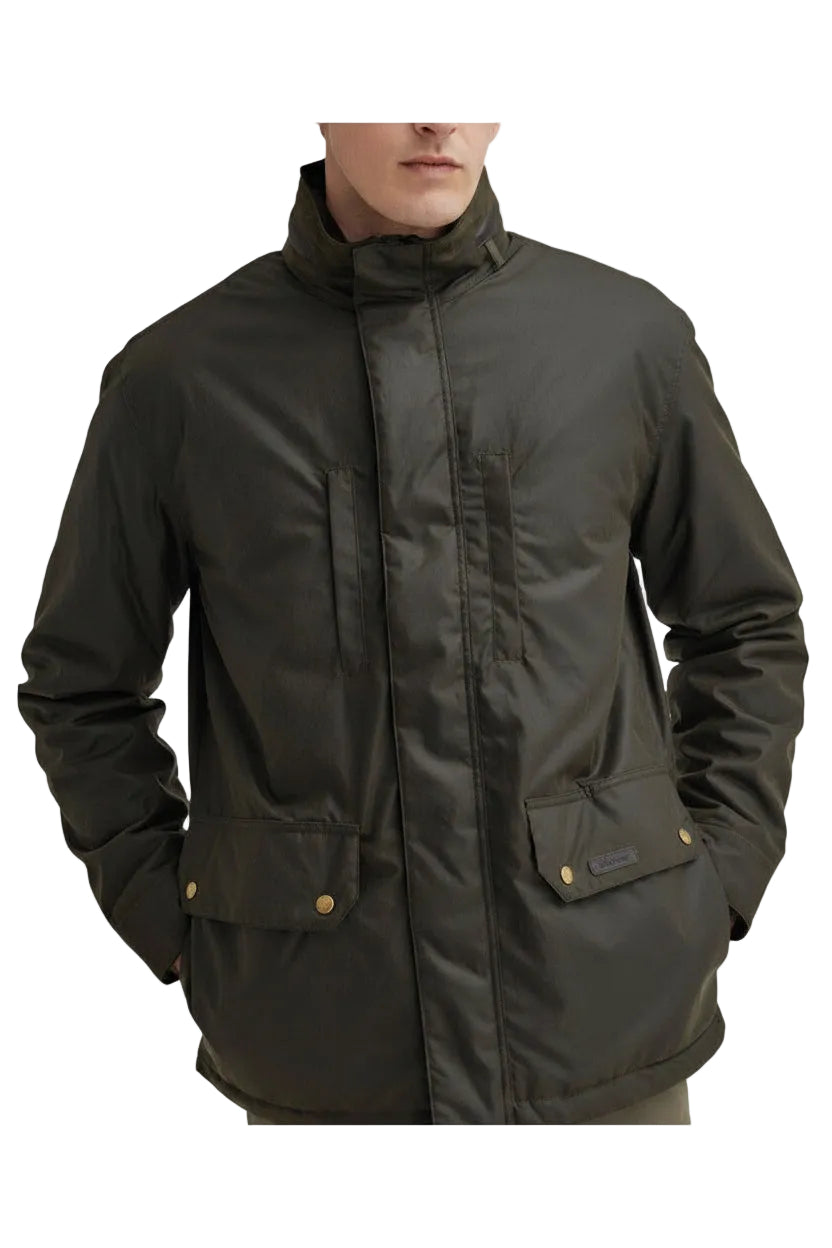 Barbour men's olive waxed jacket with hooded stand collar and flap pockets