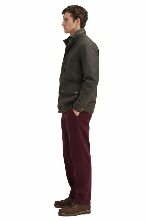 Barbour men's olive waxed jacket with two button flap pockets and hood