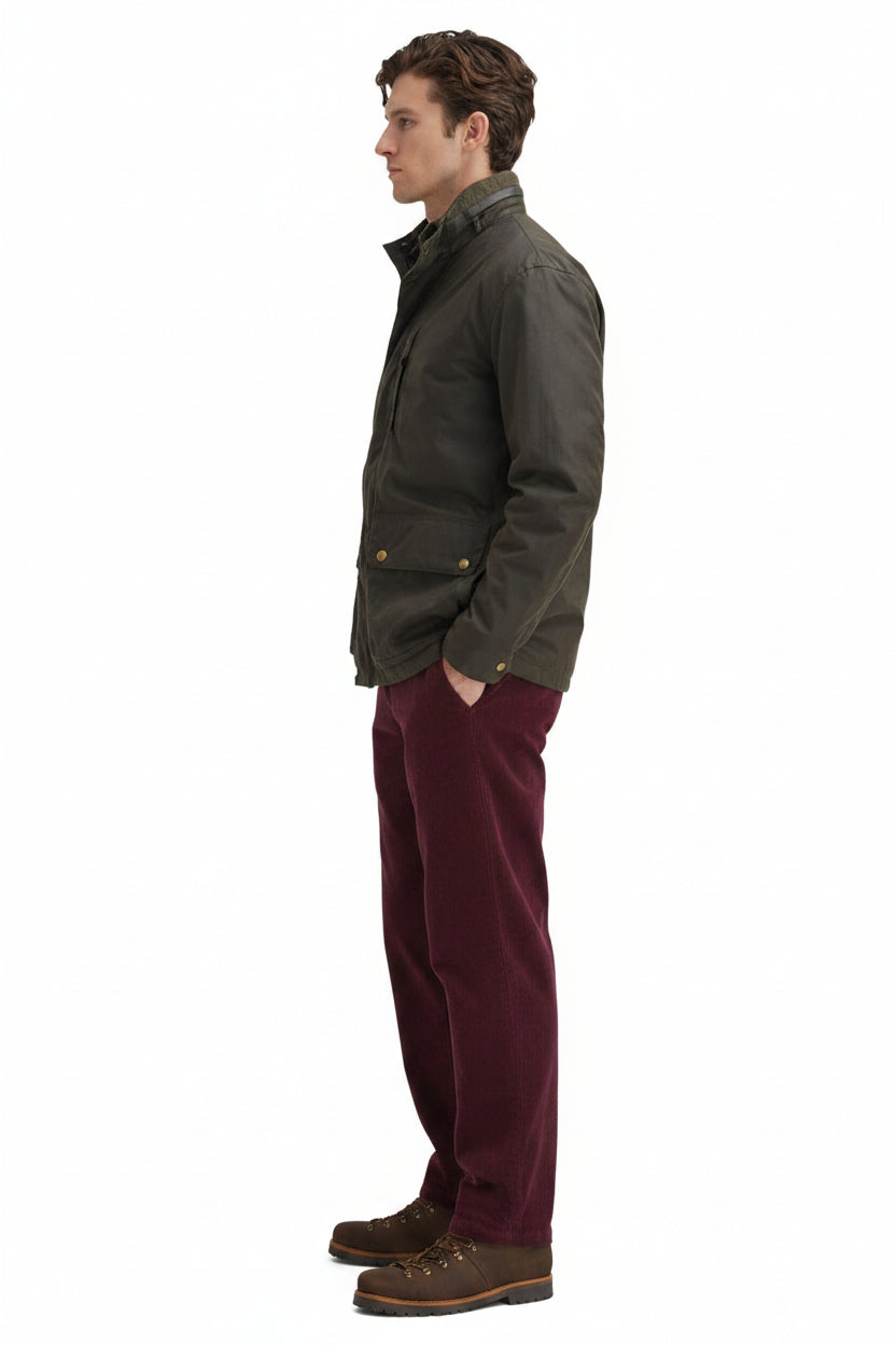 Barbour men's olive waxed jacket with two button flap pockets and hood