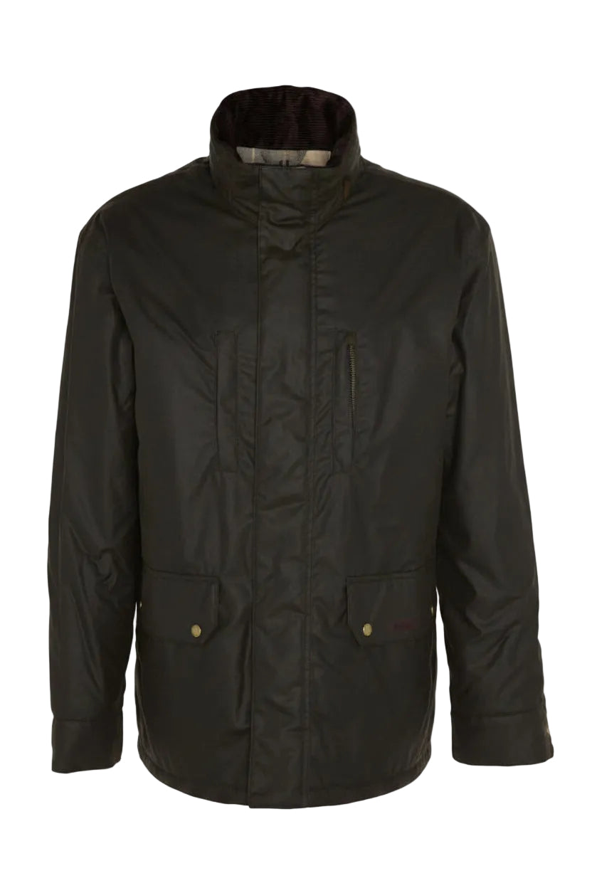 Barbour men's olive waxed jacket with hood, full zip and snap pockets