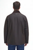 Men's dark brown wax jacket, back view, stand collar and button cuffs