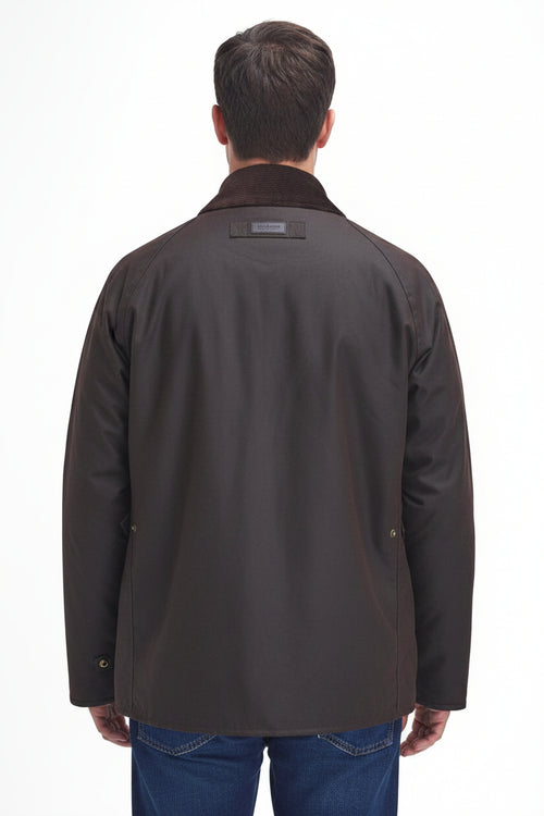 Men's dark brown wax jacket, back view, stand collar and button cuffs