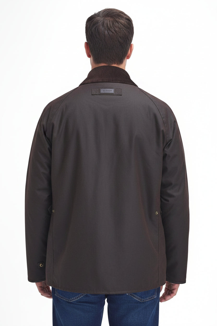 Men's dark brown wax jacket, back view, stand collar and button cuffs