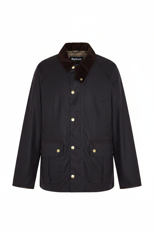 Men's wax cotton jacket in dark brown with Barbour logo and four-button front