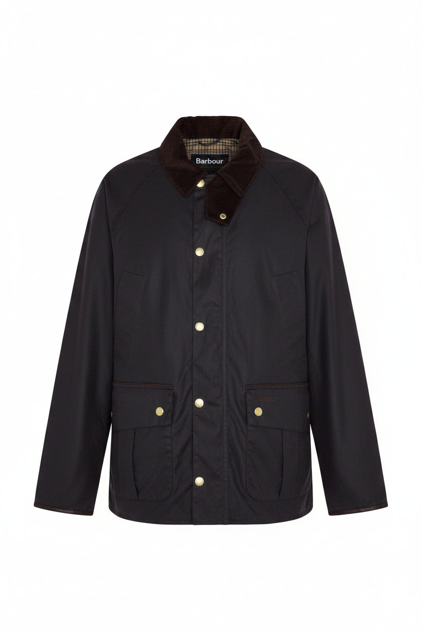 Men's wax cotton jacket in dark brown with Barbour logo and four-button front