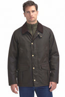 Men's dark brown wax jacket with Barbour logo, stand collar, and front pockets