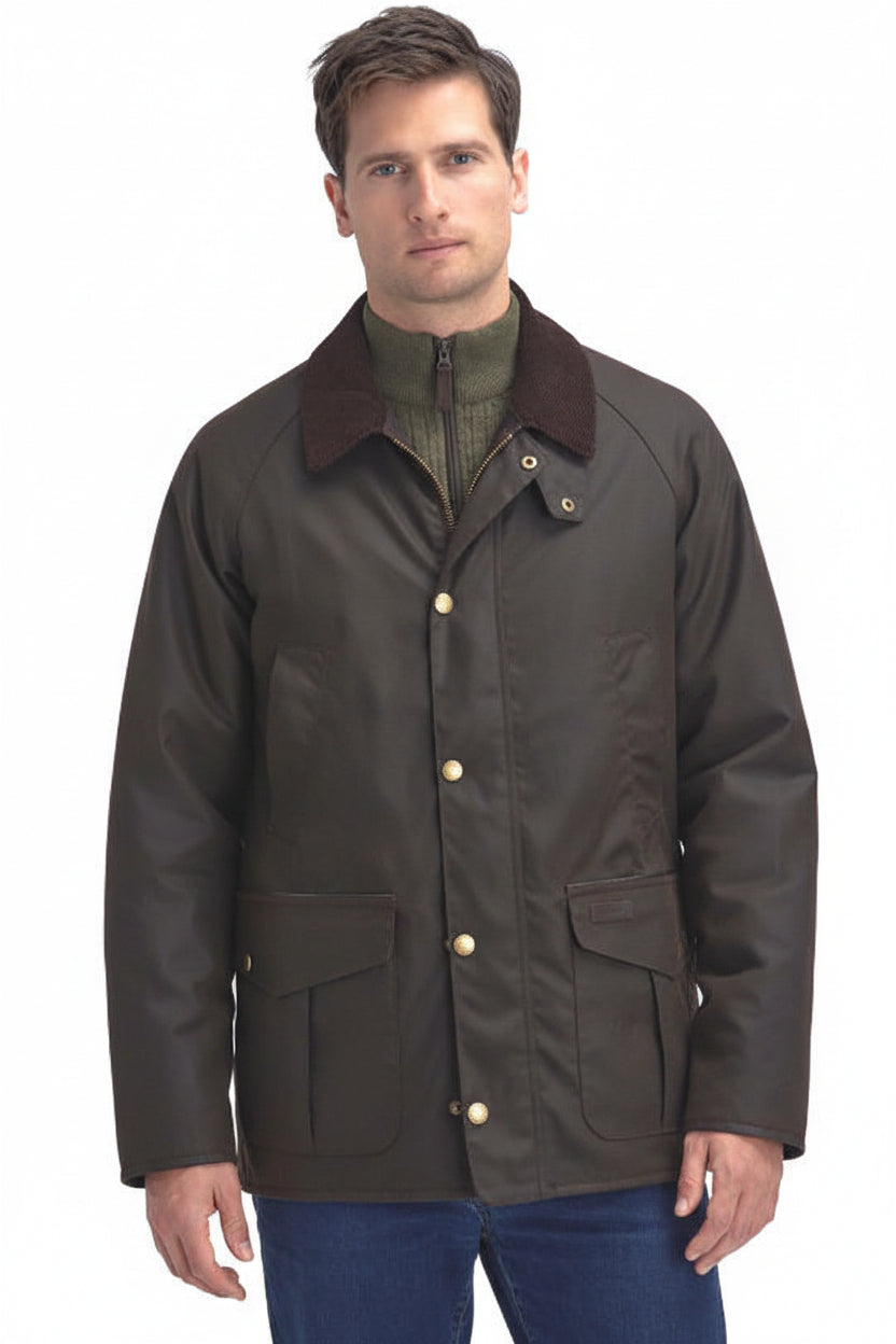 Men's dark brown wax jacket with Barbour logo, stand collar, and front pockets