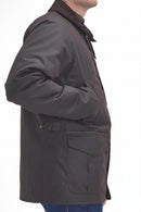 Men's dark brown wax jacket with side pocket, snap cuffs, and stand collar