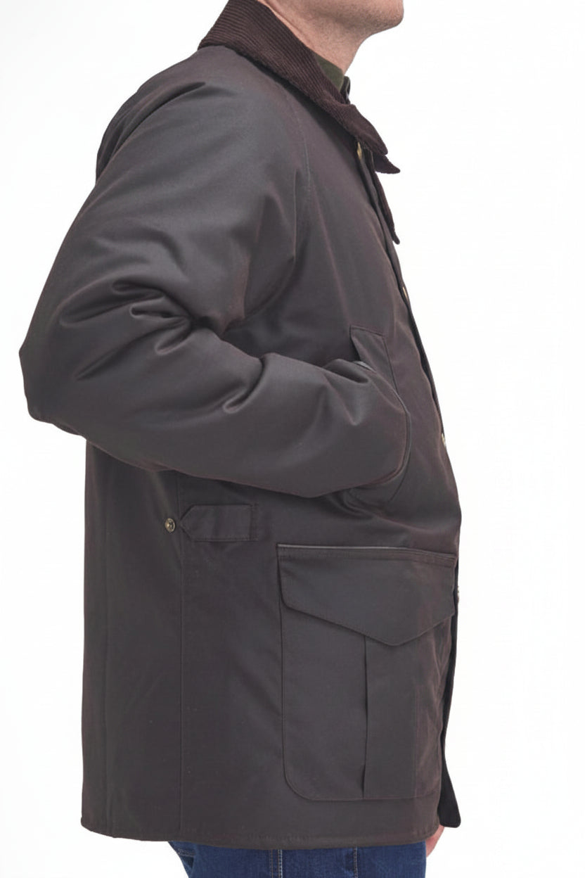 Men's dark brown wax jacket with side pocket, snap cuffs, and stand collar