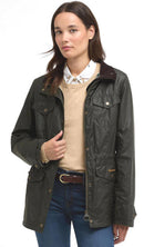 Women's olive waxed jacket with corduroy-trim collar, flap pockets, and snap cuffs.