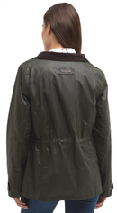 Women's olive waxed jacket back with Barbour label and dark brown corduroy collar.