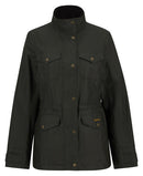 Women's olive waxed jacket with hood, button front, and two chest pockets.