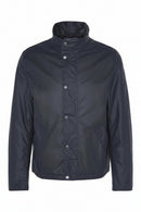 Navy wax jacket with stand collar and button front