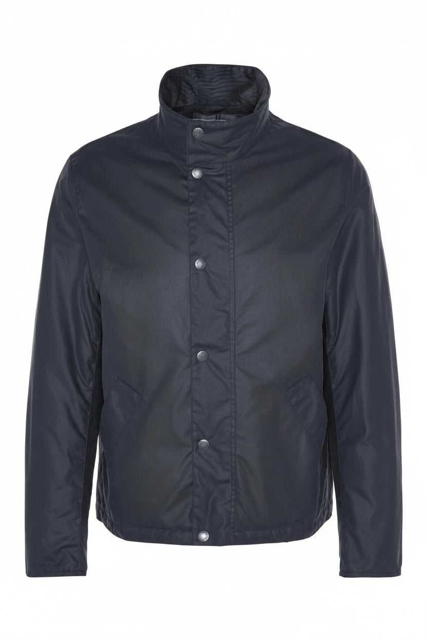 Navy wax jacket with stand collar and button front