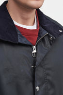 Navy wax jacket with zip front, snap buttons, and stand collar