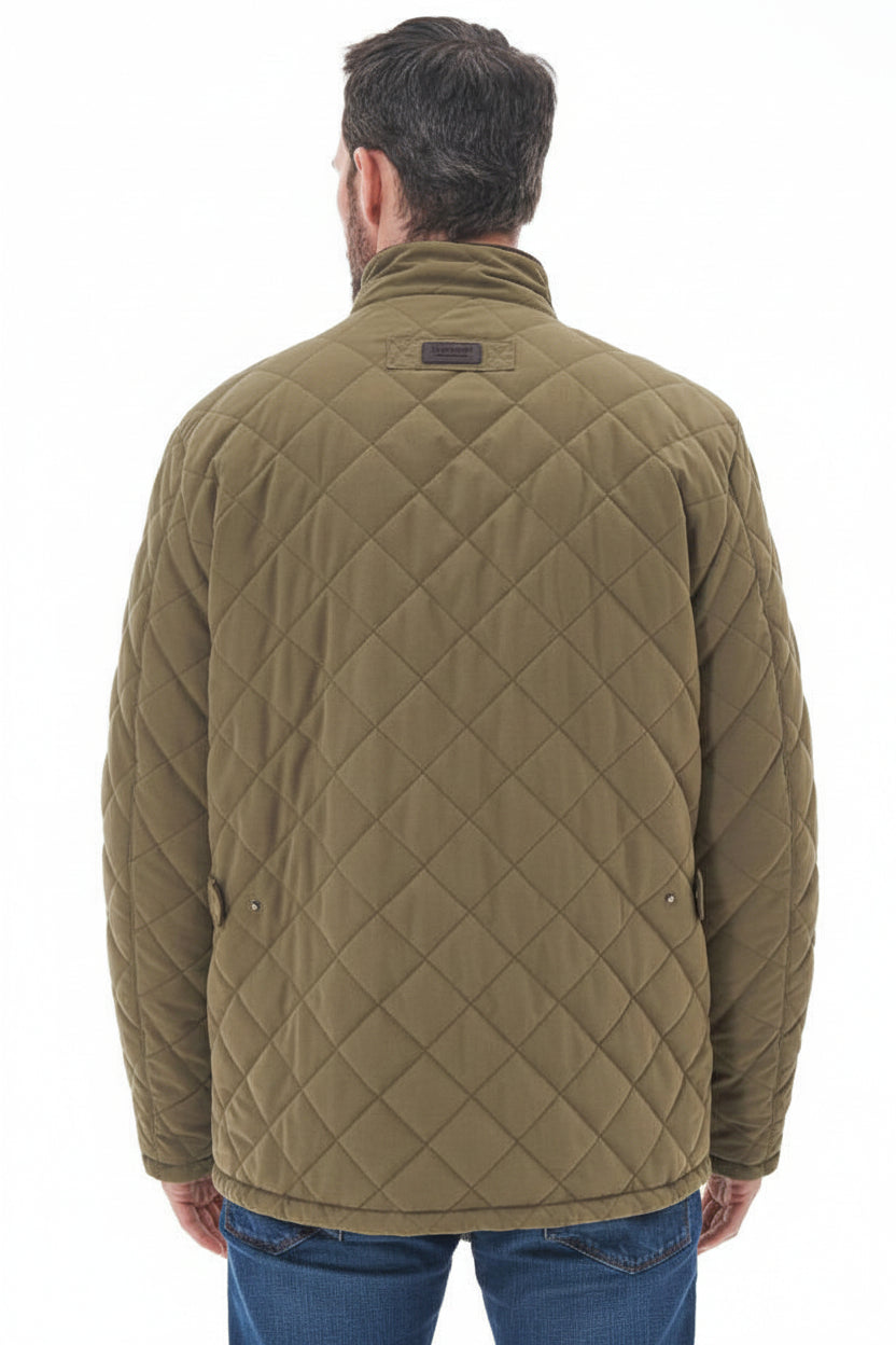 Men's olive quilted waterproof jacket, back view with stand collar