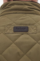 Barbour logo patch on olive quilted waterproof jacket back