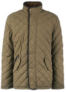 Men's olive quilted waterproof jacket, snap-button front and side pockets