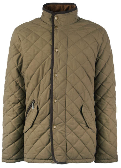 Men's olive quilted waterproof jacket, snap-button front and side pockets