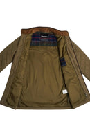 Olive quilted waterproof jacket with open interior and buttoned placket