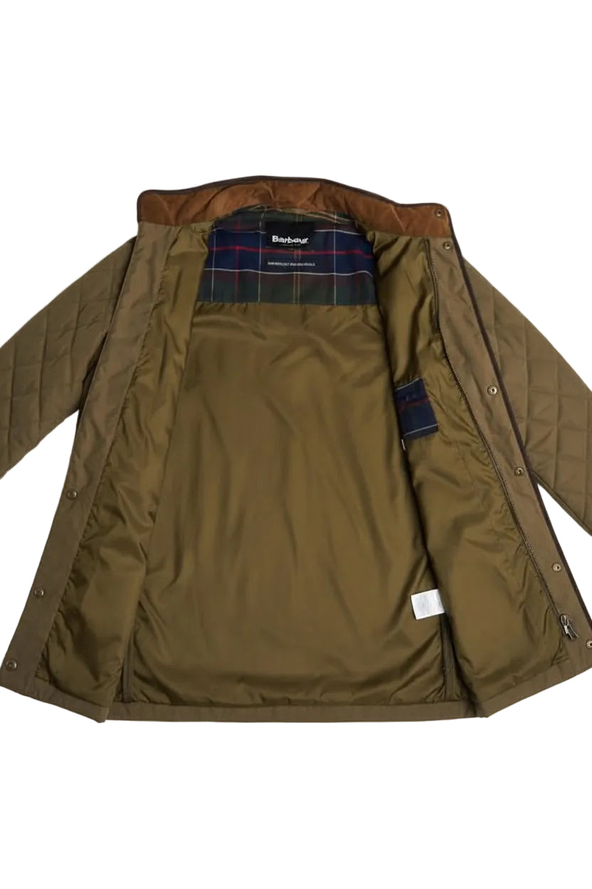Olive quilted waterproof jacket with open interior and buttoned placket