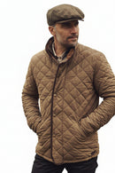 Men's olive quilted waterproof jacket with stand collar and button-front, side view