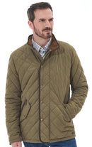 Men's olive quilted waterproof jacket with stand collar and button-front