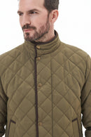 Olive quilted waterproof jacket close-up with stand collar and button placket