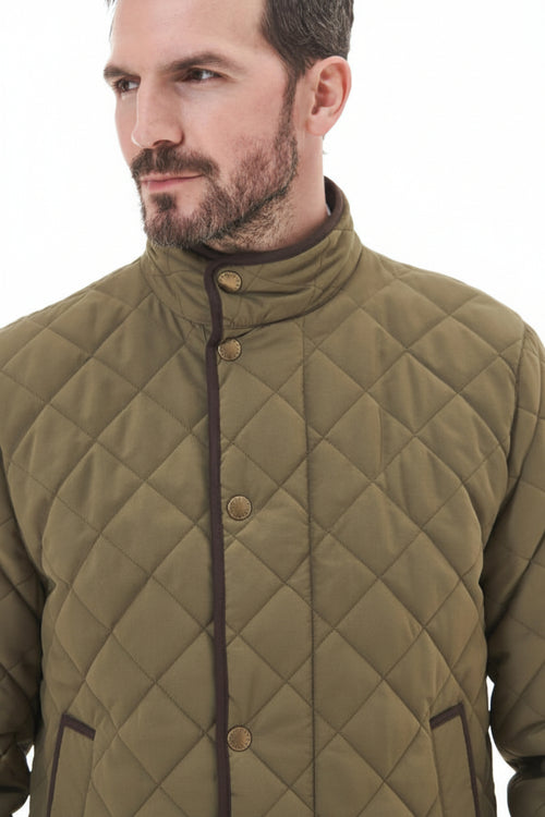 Olive quilted waterproof jacket close-up with stand collar and button placket