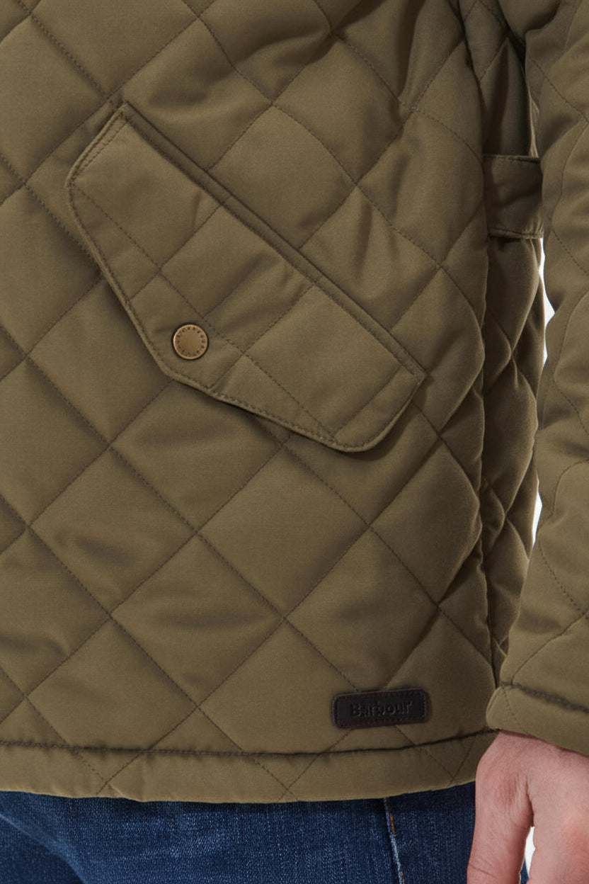 Olive quilted waterproof jacket side pocket with flap and button closure