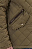 Olive quilted waterproof jacket pocket with zip and snap button detail