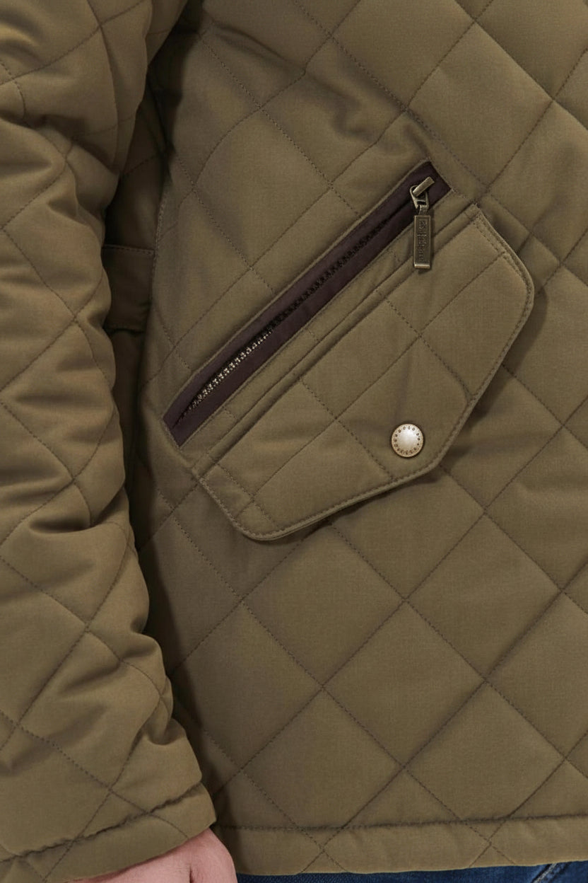 Olive quilted waterproof jacket pocket with zip and snap button detail