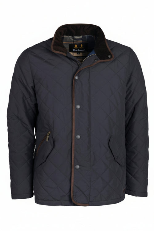 Barbour Waterproof Shoveler Quilted Jacket Navy MQU1585NY91 flat  with button front, stand collar, and side pocket
